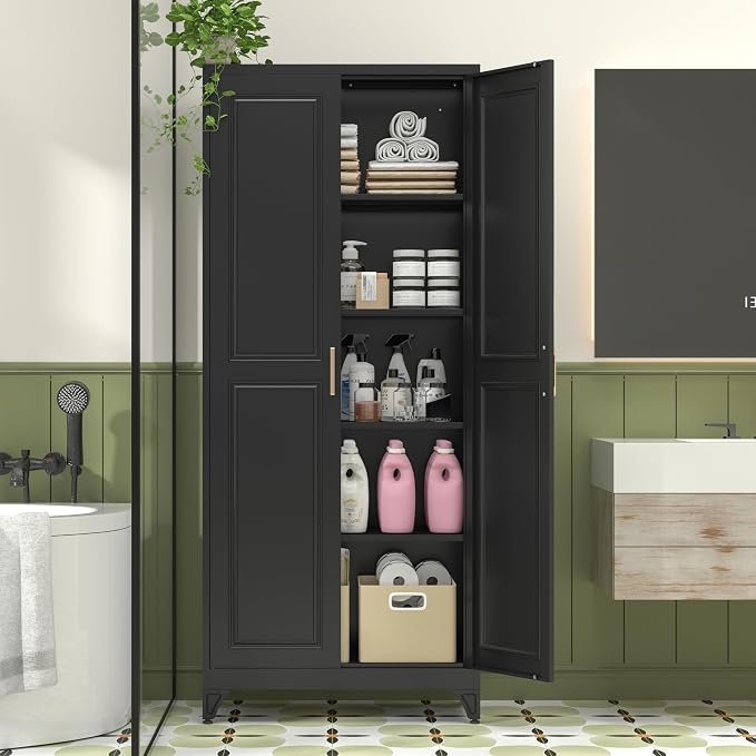 Polup Kitchen Pantry Cabinet, 75" H Metal Storage Cabinet with Doors and Shelves, 4 Standing Feet, Cupboard for Kitchen, Dining, Living Room, 16" D x 32" W x 75" H, Black, Assembly Required
