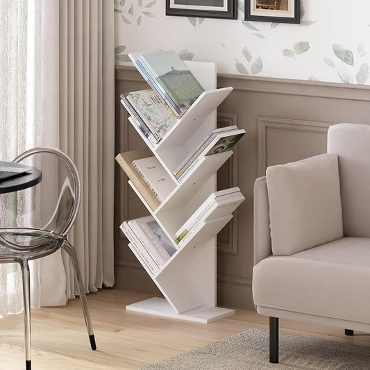 Furinno Tree Book Shelf, 7-Tier Bookshelf with Angled Open Shelf, Tree Bookcase for Room Decor, 8.4 x 15.7 x 39.4, for Organization and Storage, for Living Room, Bedroom, Home Office, White