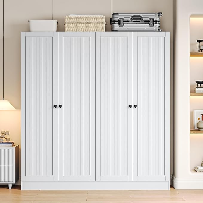 iPormis 4 Doors Armoire Wardrobe Closet with 2 Drawers, 63" Large Wardrobe Cabinet with Removable Hanging Rods and Adjustable Shelves, Closet Storage Cabinet for Bedroom, Cloak Room, White