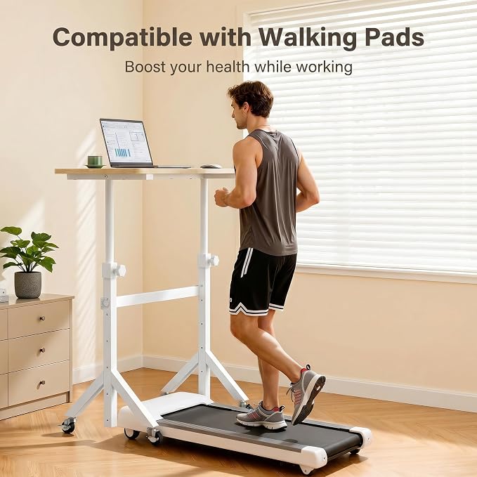 Marsail Mobile Stand Up Desk with Wheels, Adjustable Height Desk from 28.3″ to 46.5″, Rolling Standing Desk with Lockable Wheels, Portable Small Desk for Walking Pad and Treadmill, Nature