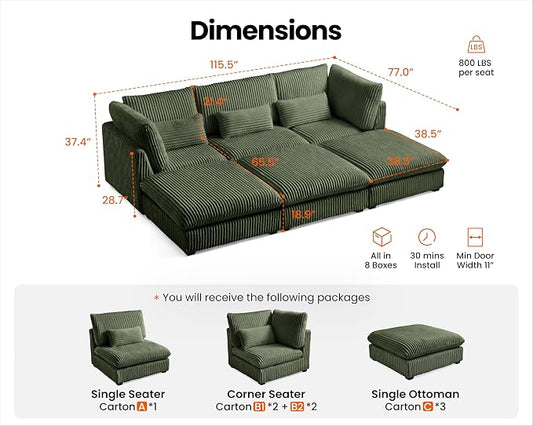 115" Oversized Corduroy Couch Modular Sectional Sofa, Washable Cloud Couch Sectional with 3 Ottoman, 6 Seater Sectional Couches for Living Room, Fully Cover Removable, Sleeper Sofa, Corduroy, Green