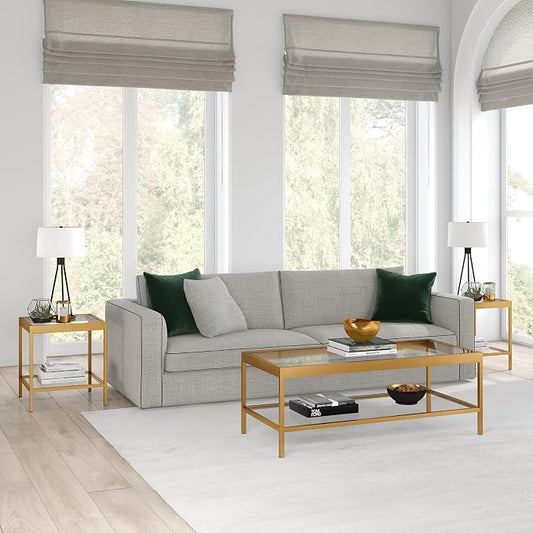 Henn&Hart 20" Wide Square Square Side Table in Brass, Table for Living Room, Bedroom | Two-tiered glass shelves with a metal frame, offering open display space for living rooms, offices, or bedrooms