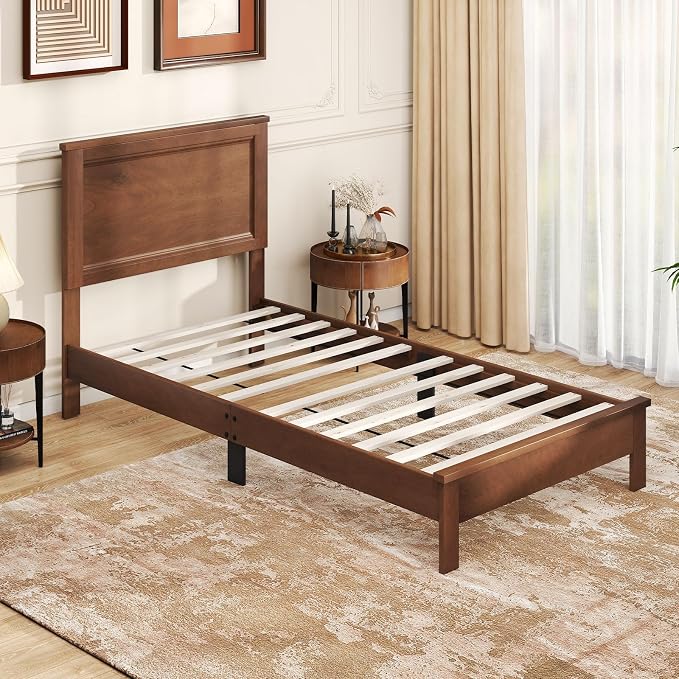 GOFLAME Twin Size Wood Bed Frame, Mid-Century Modern Platform Bed with Headboard, Solid Wood Legs, Mattress Foundation with 12 Wooden Slats, No Box Spring Needed, Walnut