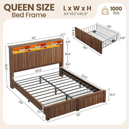 CypBed Queen Size Bed Frame with Headboard and Storage Drawers, Queen Bed Frame with LED Light and Charging Port, Farmhouse Wavy Wood Design, Wood & Metal Platform, Noise-Free, No Box Spring Needed