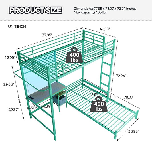 Bellemave Twin Over Twin bunk Bed with Desk and LED Charging Station, loft Bed with Desk and Shelves Drawer, Twin Over Twin Metal Bunk Beds with Storage, Green