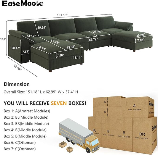 EASE MOOSE Oversized Sectional Modular Sofa,Large U Shape Sectional Couch Wide Deep Seat Modular Cloud Couch,Removable Cover,Green