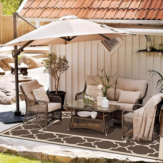 GENIMO 9' x 12' Outdoor Rug Waterproof for Patio Decor, Foldable Reversible Plastic Straw Area Rugs Mat for Camper, Outside Carpet for Rv, Deck, Porch, Picnic, Beach, Balcony, Coffee & Beige