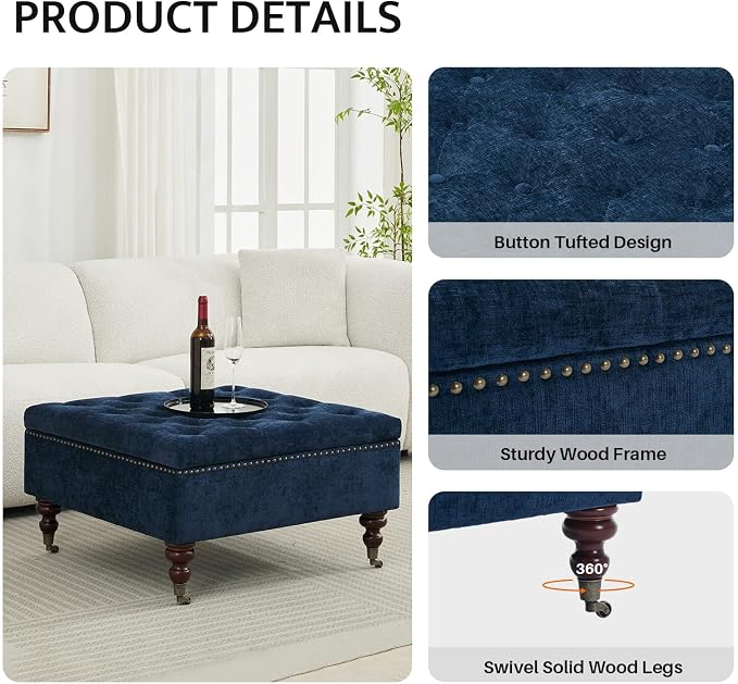 Large Square Storage Ottoman Uphlostered Tufted Button Coffee Table, Oversized Footrest Bench with Castered Rolling Wheels for Living Room, Dark Blue Chenille Waterproof