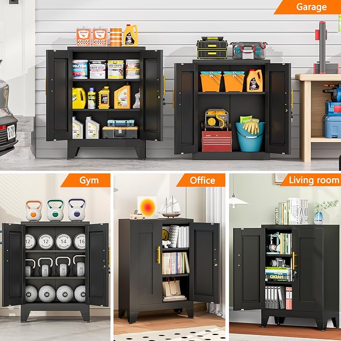 Metal Tool Storage Cabinet with Lock Doors and Adjustable Shelves, Small Locking Garage Storage Cabinet, Black Steel Tool Cabinets with Leveling Feet for Garage, Basement, Office, Utility Room