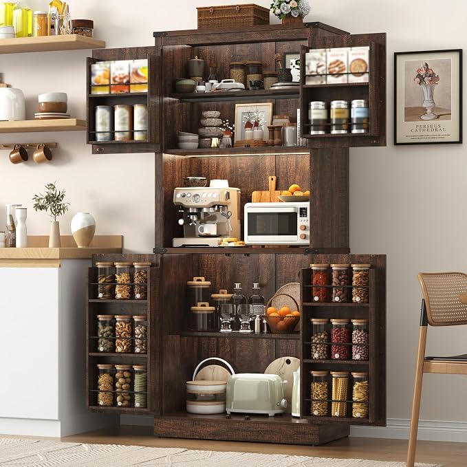 72" Tall Farmhouse Kitchen Pantry Cabinet with LED Light and Power Outlet,Modern Farmhouse Kitchen Storage Cabinet w Load-Bearing Steel Pipe,Barn Doors, Organizer,Food Pantry Cabinets(Rustic Brown)