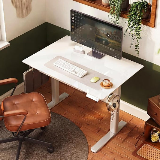 INNOVAR Glass Standing Desk with Drawers, 32×19 Inch Adjustable Stand Up Desk, Quick Install Home Office Computer Desk, White