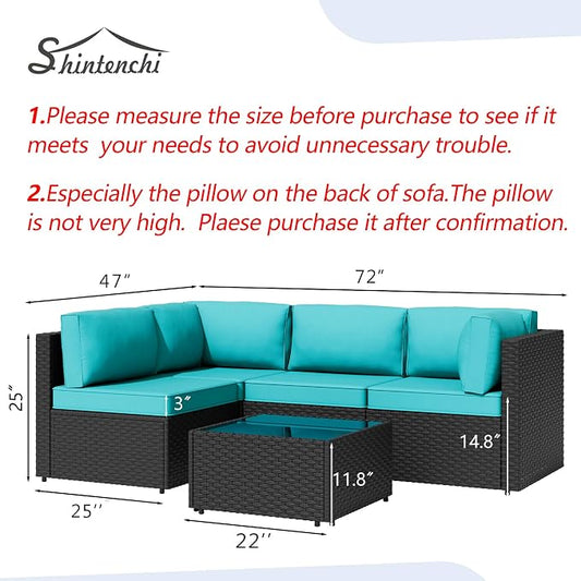 5 Piece Outdoor Patio Furniture Set,Black PE Rattan Wicker Sectional Sofa, All Weather Conversation Set with Washable Cushions & Glass Coffee Table for Backyard Poolside Garden Porch,Blue