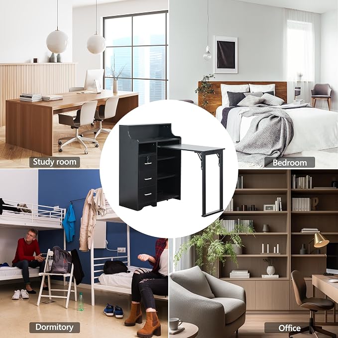 Folding Desk with Storage,Hidden Desk with Lockable Drawers & Shelves, Built-in Power Outlet,Fold Out Desk for Study and Home Office
