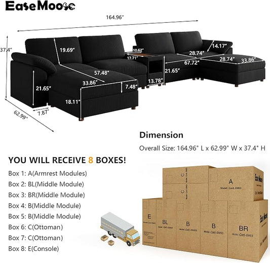 EASE MOOSE Extra Large Sectional Modular Sofa,U Shape Modular Deep Seat Corduroy Sectional Couch Console,Removable Washable,Black