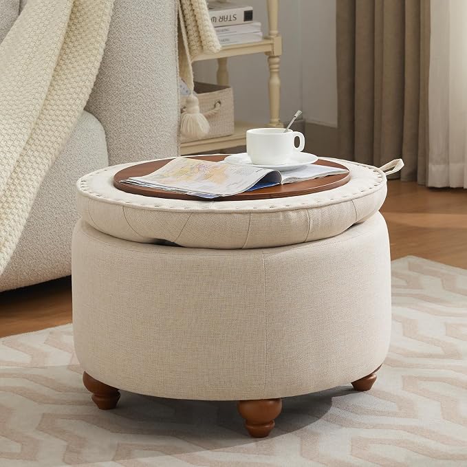 WUTUTUEE 24Inch Round Storage Ottoman with Tray, Modern Tufted Fabric Circle Coffee Table with Storage, Upholstered Ottoman with Removable Top for Living Room, Bedroom, Khaki