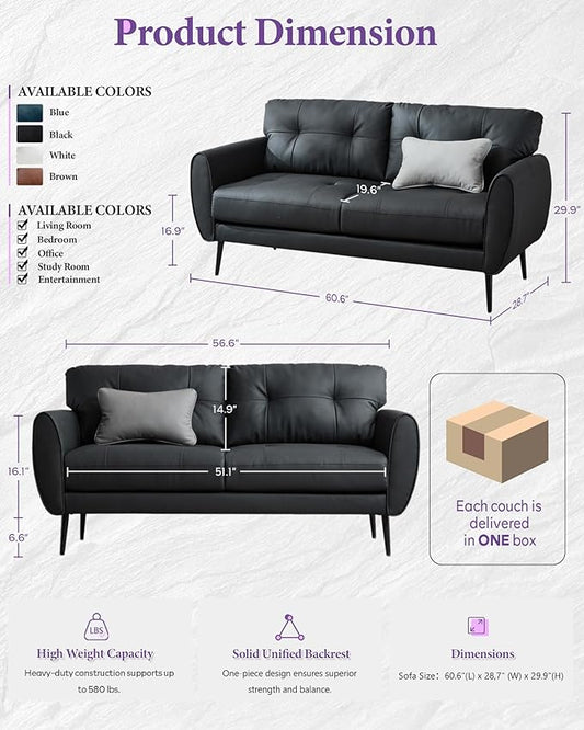 TYBOATLE Sofa Couch 61" Small Loveseat Couches for Living Room, Black Faux Leather Couch Mid Century Modern Tufted Mini Sofa Comfy Office 2 Seat Settee Love Seat Couches for Small Spaces Bedroom