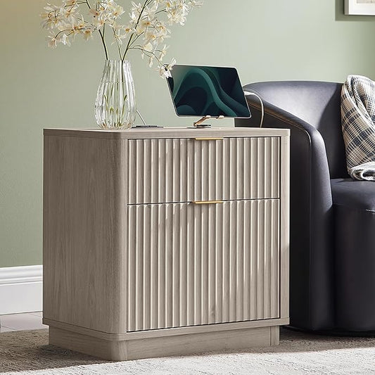 T4TREAM 23'' Fluted Nightstand Set of 2 with Charging Station, Large 2 Drawer Side Table, Modern End Table with Storage, Mid Century Bedside Table for Bedroom, Living Room, Curved Profile, White Alder