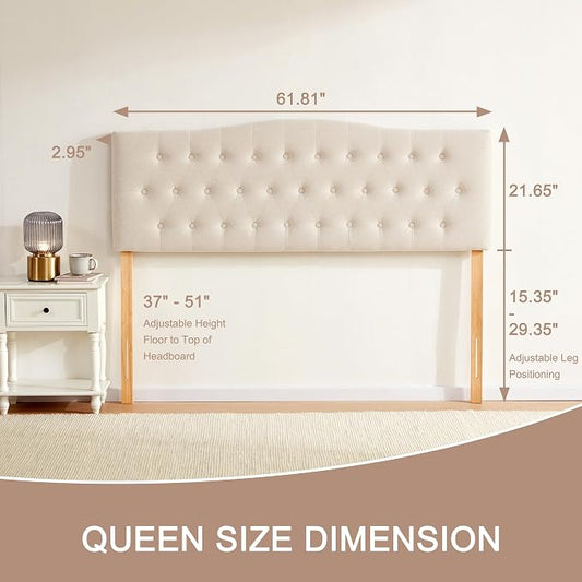 Tufted Headboard Queen Size, Solid Wood Adjustable Height Head Board, Beige | Upholstered Queen Headboard Only with Durable Solid Wood Legs, Adjustable Height 37-51 in, Fabric Button Diamond HeadBoards