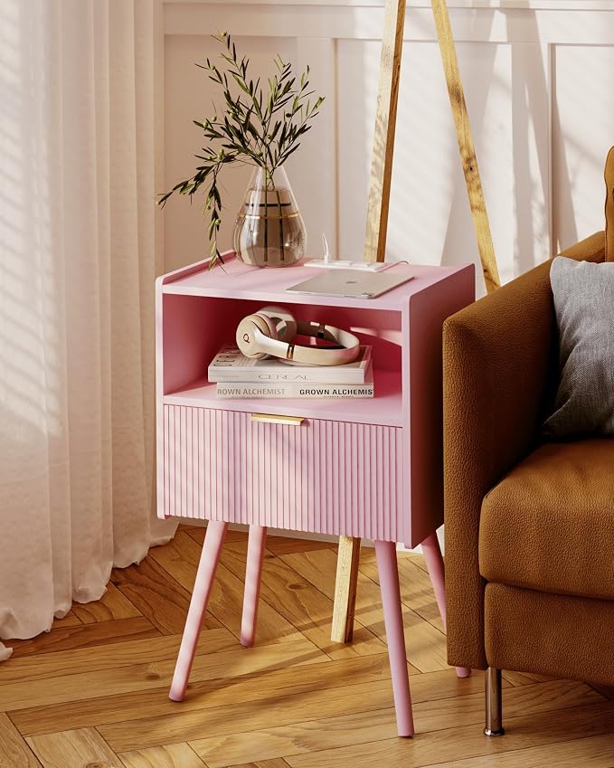 JOONEE Nightstand with Oultlet,Modern Bedside Table with Storage Drawer and Open Wood Shelf, for Living Room, Bedroom and Small Spaces, Accent Night Stand with Solid Wood Legs, Easy Assembly,Pink