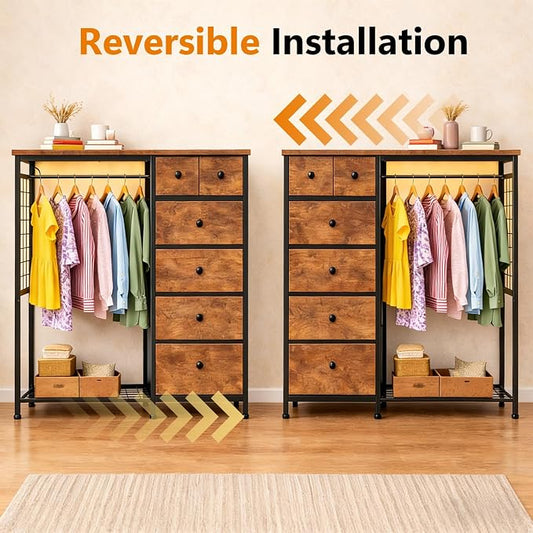 Simple Deluxe Storage Clothes Rack with 6 Drawers, Charging Station & LED Lights, Fabric Chest Shelves Clothing Rack, Wooden Portable Wardrobe Closet, 49.2" W x 15.7" D x 47.2" H, Brown
