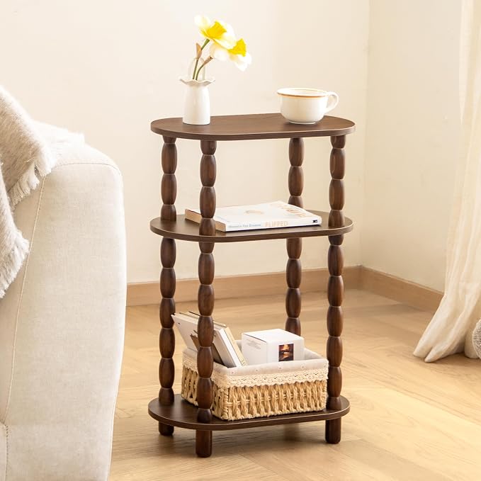 MaxSmeo Small Side Table, 3-Tier Narrow Small End Table with Storage, Skinny Bedside Table Nightstand, Bedrooms, Living Room (Walnut Brown)