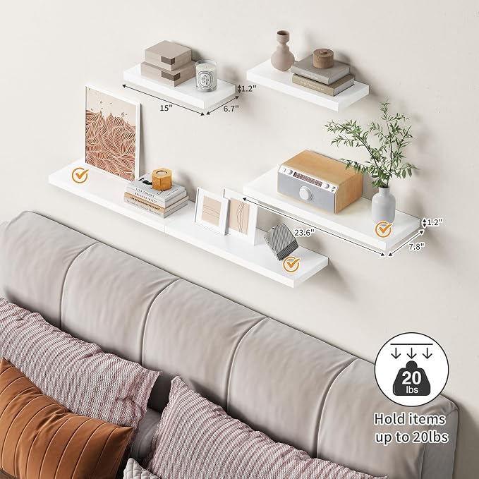 Forbena 24 Inch Floating Shelves for Wall Decor, White Wall Book Shelves for Bedroom, Large Long Deep Hanging Shelves for Bathroom Office Laundry Living Room Kitchen Closet Storage - Set of 3