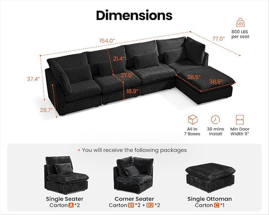 154" Oversized Corduroy Couch Modular Sectional Sofa, Washable Cloud Couch Sectional with Ottoman, 5 Seater Sectional Couches for Living Room, Fully Cover Removable, L Shaped, Corduroy, Black