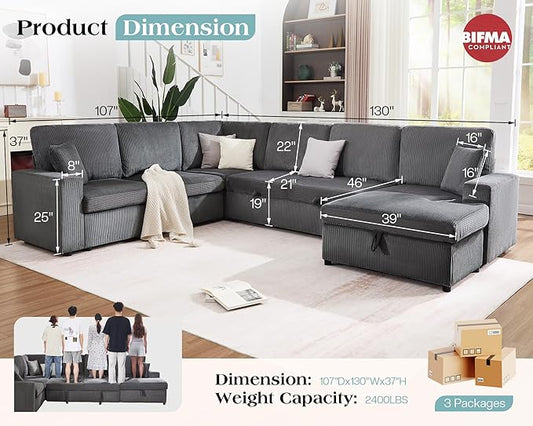 VanAcc 130" Sofa Bed, Sectional Sleeper Sofa with Pull Out Bed, Sleeper Couch for Living Room, 6 Seater Couch with Storage, Corduroy Grey