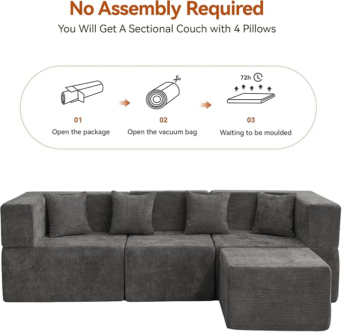 MONVANE 103'' Modular Sectional Sofa, Comfy Chenille Cloud Couch with Ottoman, Modern Convertible L Shaped Couch with Deep Seat, Sectional Couches for Living Room, Bedroom and Apartment, Grey