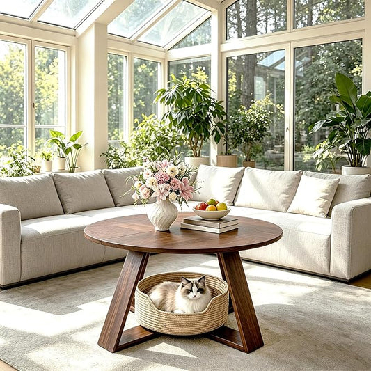 Round Coffee Table, 31.5" Modern Unique Farmhouse Coffee Table for Living Room with Walnut Wood Grain,Small Coffee Table with Open Storage, Circle Center Table with Cross Base,Rustic Brown