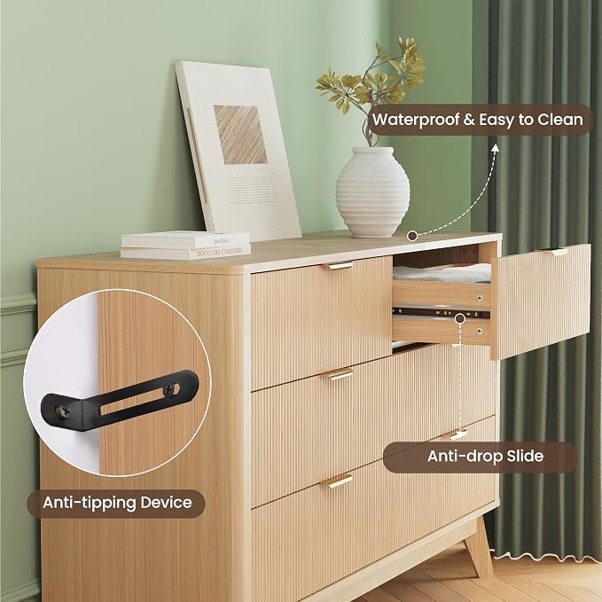SUNWAVE 6 Drawer Dresser for Bedroom, 49.6" Wide Modern Fluted Dresser with Round Corner, Wood Chest of Drawers for Living Room (Oak)