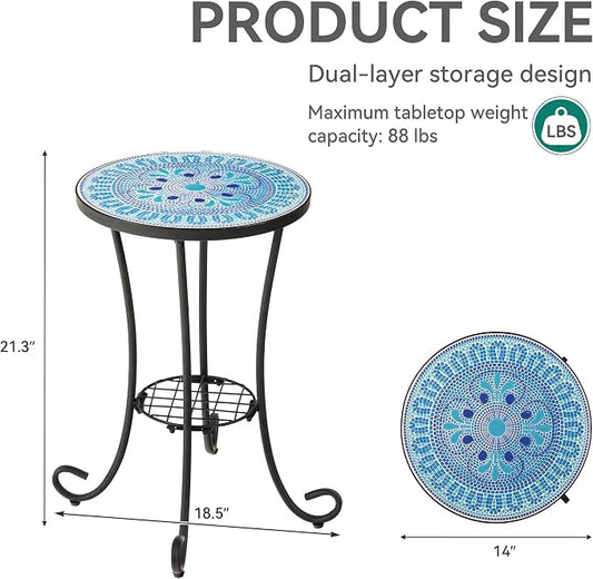 Side Table Outdoor, Mosaic Patio Table with Planter Stand, 22" H Iron Coffee End Table,Weather Resistant Tile Top Metal Drink Bar Table for Indoor Garden Balcony Yard Bistro Balcony