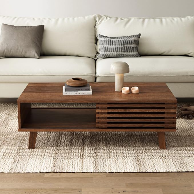 Furniway Mid Century Modern Coffee Table, Wood Coffee Table with Storage, Farmhouse Table for Living Room, Apartment, Walnut