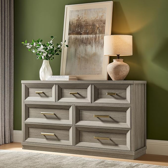 7 Drawer Dresser for Bedroom, 53.5" Wide Wooden Closet Organizers, Modern Chest of Drawers with Metal Handle, Large Storage Dresser TV Stand for Office, Hallway (Grey Oak)