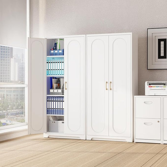 SteeLoong Kitchen Pantry Cabinet,71”Metal White Storage Cabinet with Doors and Shelves,Tall Cabinet with 2 Gold Hands for Dinning Room,Living Room