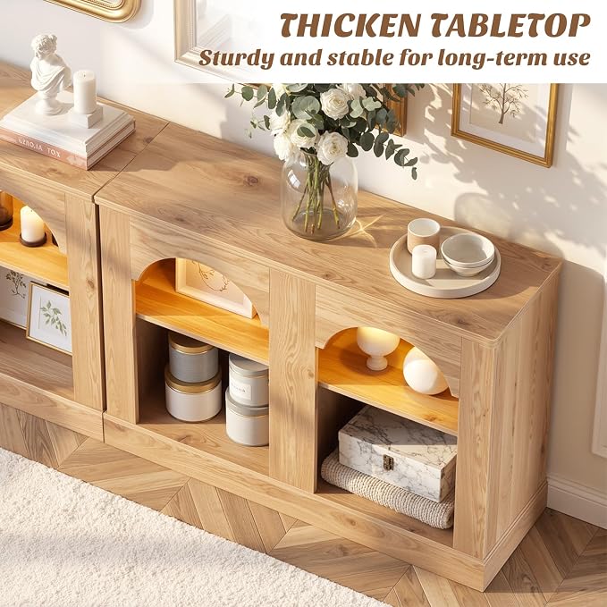 Unikito Console Table with LED Lights, 94" Long Entryway Table with Adjustable Shelves, Sideboard Buffet Storage Cabinet for Entrance/Hallway/Living Room, Sofa Table Behind Couch, Natural Oak