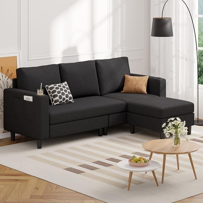 Luxanimarion Upholstered Sectional Sofa and Couches, 78'' L Shaped 3-seat Sofa forLiving Room, Apartment,Lounge,Bedroom-Washable Covers Convertible Sofas(Linen Fabric,Black)