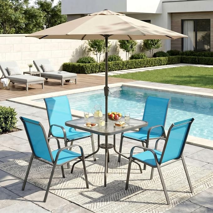 Arlopu 5 Piece Outdoor Patio Dining Set (Umbrella not Included), Porch Furniture with 4 Textline Chairs, 1 Square Glass Table for Garden, Backyard and Poolside, Lawn (Blue)