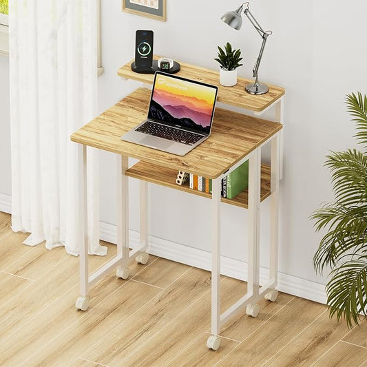 GreenForest Folding Desk with Adjustable Monitor Stand, 24.8 in Small Desk | Storage Shelf, Lockable Wheels, Portable, Space Saving, Mobile Rolling Table for Small Spaces, Home Office, Writing, Oak
