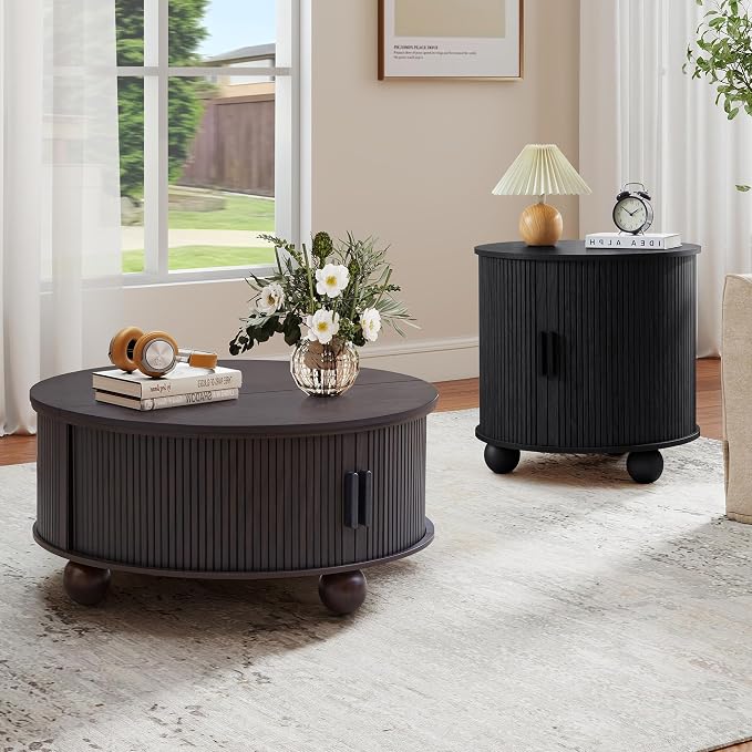 Round Lift Top Coffee Table with Hidden Storage, 33.5'' Mid-Century Fluted Coffee Table with Sliding Tambour Door Solid Wood Legs, Circle Center Table for Living Room, Small Space (Smoked Dark Brown)