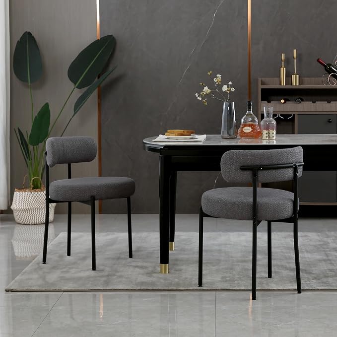 DYHOME Dark Grey Dining Chairs Set of 2, Mid-Century Modern Dining Chairs, Kitchen Dining Room Chairs, Curved Backrest Round Upholstered Boucle Sherpa Dining Chair with Black Metal Legs