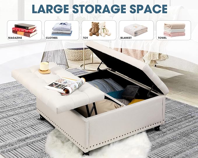 35.5" Large Square Ottoman with Storage, Tufted Upholstered Storage Ottoman with Lift Top & Solid Legs for Bedroom Room, Extra Large Coffee Tables Bench for Living Room as Footstool (Beige)