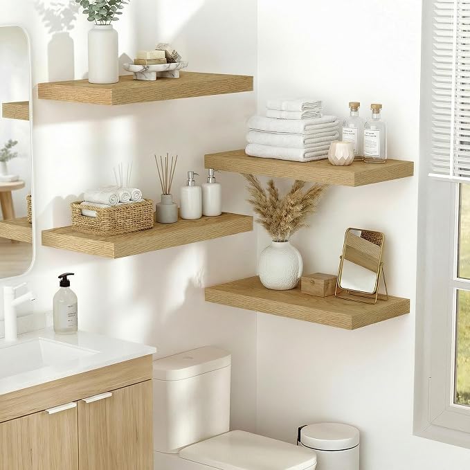 Vivelove 10" Deep Floating Shelves Over Toilet, 16" Wall Shelves for Bathroom Bedroom Kitchen Living Room Laundry Room, Modern Rustic Shelves for Home Decor, 16"x10.2"x1.5", Set of 2, Oak