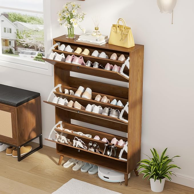 Fsbecl Shoe Storage Cabinet for Entryway with 3 Flip Drawers, Narrow Shoe Organizer with Fluted Panel, Freestanding Wood Hidden Shoe Cabinet for Hallway(Walnut, 31.4''W, Double Layer)