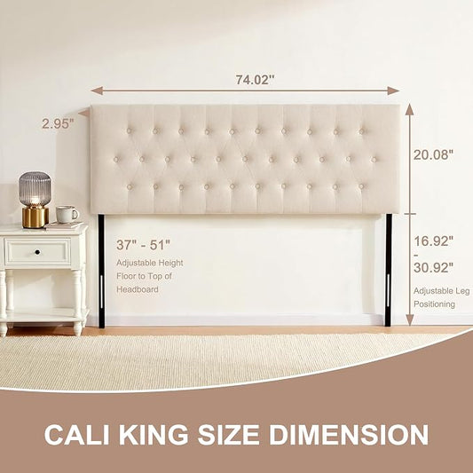 Upholstered Headboard California King, Adjustable Height 37''- 51'', Beige | Sturdy Durable Solid Wood Bed Headboard, Tufted Fabric California King Headboard, Modern Button Diamond Design Head Board