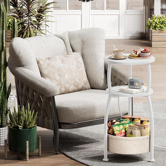 Round Side Table, 3-Tier End Table with Power Outlets, Small Table with Storage Basket, Coffee Table Sofa Side Table for Small Spaces, Nightstand for Living Room Bedroom, 11.81in, Matte White
