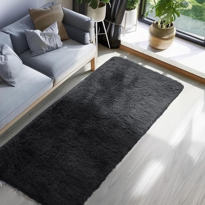 Ophanie Runner Rug for Hallway, 3x8 Washable Non-Slip Fluffy Soft Bedside Rugs, Bedroom Living Room Shaggy Carpet for Kids Girls Boys Dorm Nursery Decor Aesthetic, Black with Over 99 pcs Pile fibers