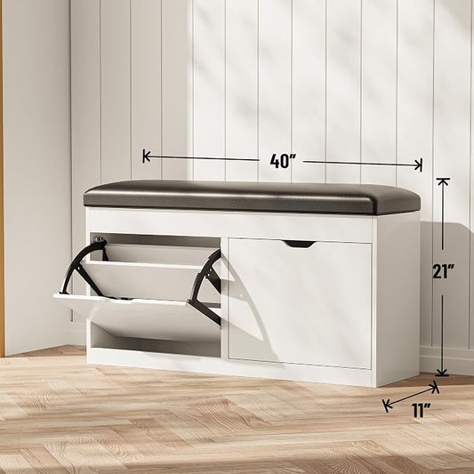 40" Shoe Storage Bench with 2 Flip Drawers & Padded Seat Cushion, Shoe Cabinet with Lift Top Storage Box, Shoe Bench Shoe Organizer for Entryway, Hallway, Living Room, White