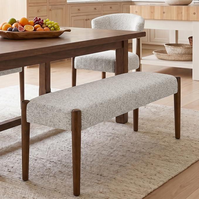 Usaint 42" End of Bed Bench, Modern Upholstered Bedroom Bench with Rubberwood Legs, Entryway Bench with Cushion, Dining Bench for Living Room, Bedroom, Light Brown with Walnut Leg