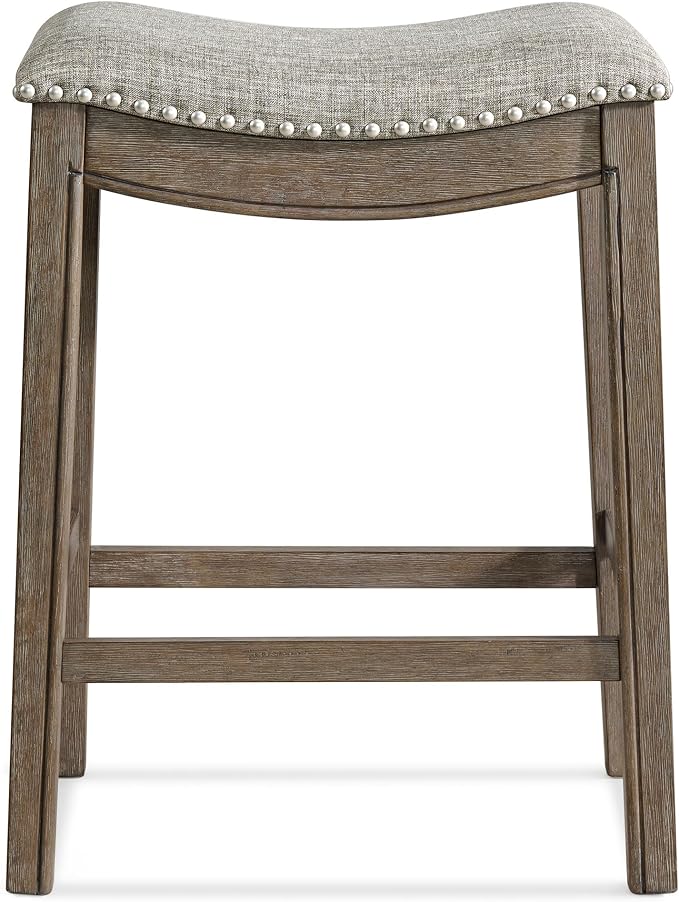 ROME + OAK Set of 2 Parker 26 Inch Counter Stool, Backless Saddle Kitchen Barstool in Walnut Finish with Grey Fabric Upholstery Cushion Seat